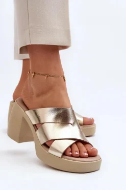 Zazoo 40373 Skórzane Klapki Na Klocku Złote