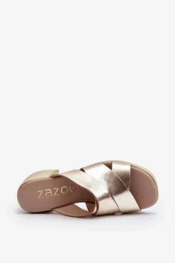 Zazoo 40373 Skórzane Klapki Na Klocku Złote