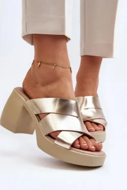 Zazoo 40373 Skórzane Klapki Na Klocku Złote