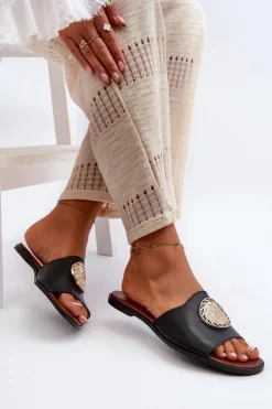 Zazoo 2938 Skórzane Klapki Na Płaskim Obcasie Z Ozdobą Czarne