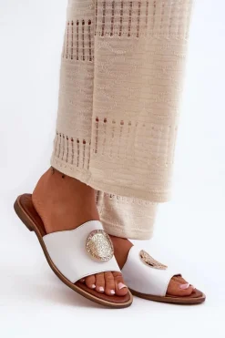 Zazoo 2938 Skórzane Klapki Na Płaskim Obcasie Z Ozdobą Białe