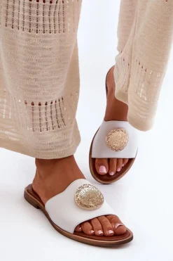 Zazoo 2938 Skórzane Klapki Na Płaskim Obcasie Z Ozdobą Białe