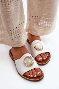 Zazoo 2938 Skórzane Klapki Na Płaskim Obcasie Z Ozdobą Białe