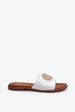 Zazoo 2938 Skórzane Klapki Na Płaskim Obcasie Z Ozdobą Białe