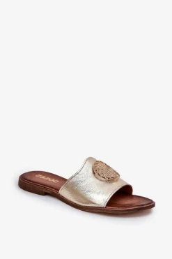 Zazoo 2938 Skórzane Klapki Na Płaskim Obcasie Z Ozdobą Złote