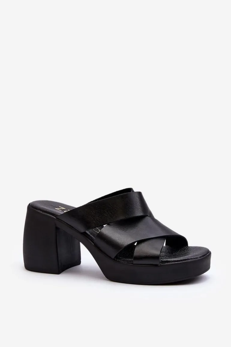 Zazoo 40373 Skórzane Klapki Na Klocku Czarne
