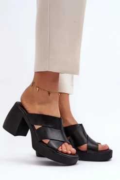 Zazoo 40373 Skórzane Klapki Na Klocku Czarne