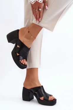 Zazoo 40373 Skórzane Klapki Na Klocku Czarne