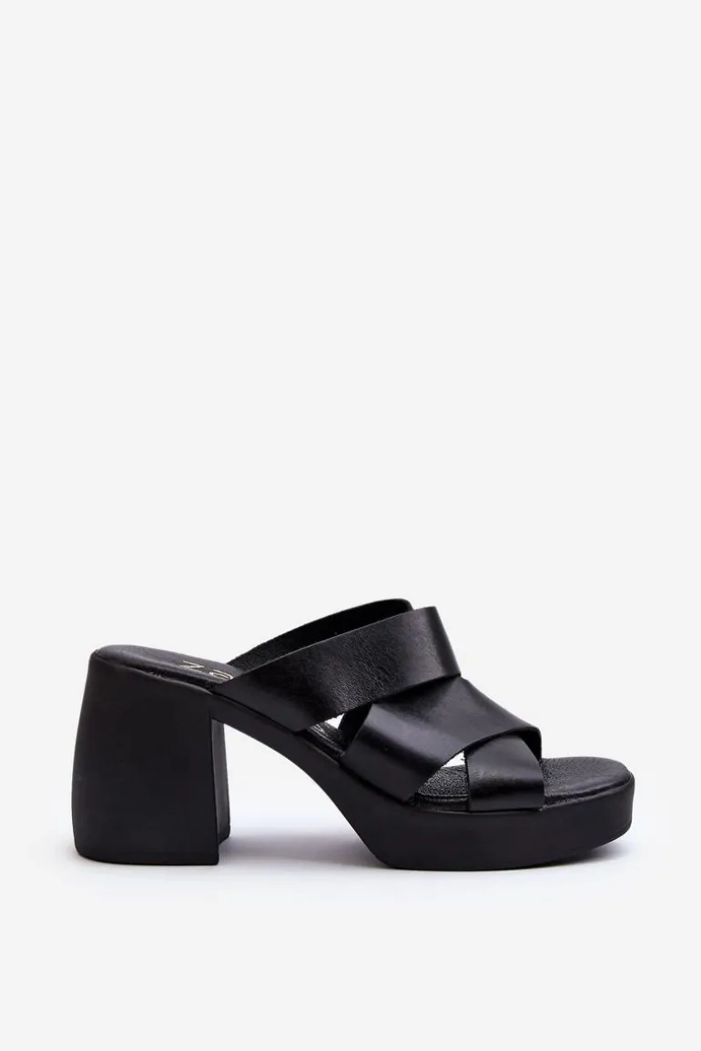 Zazoo 40373 Skórzane Klapki Na Klocku Czarne