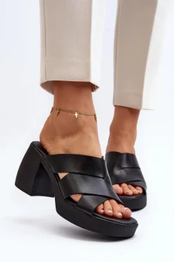 Zazoo 40373 Skórzane Klapki Na Klocku Czarne