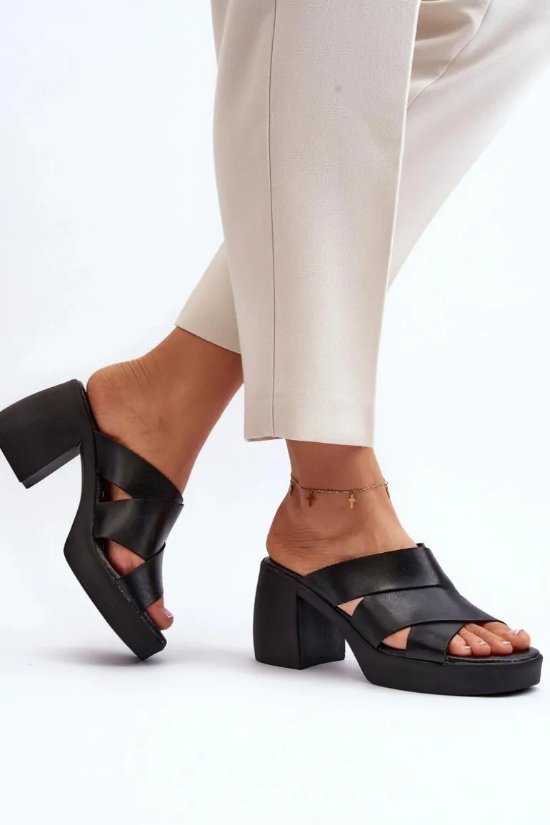 Zazoo 40373 Skórzane Klapki Na Klocku Czarne