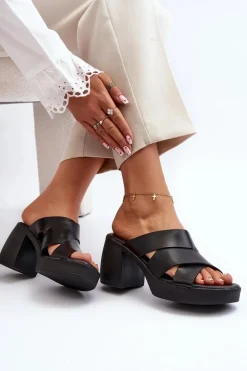 Zazoo 40373 Skórzane Klapki Na Klocku Czarne