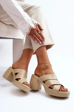 Zazoo 40373 Skórzane Klapki Na Klocku Beżowe