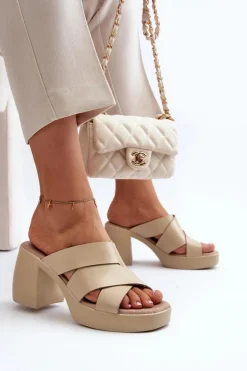 Zazoo 40373 Skórzane Klapki Na Klocku Beżowe