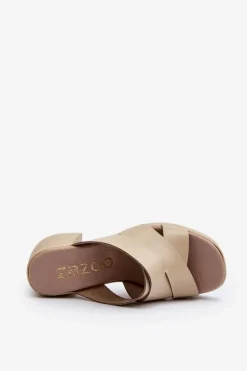 Zazoo 40373 Skórzane Klapki Na Klocku Beżowe