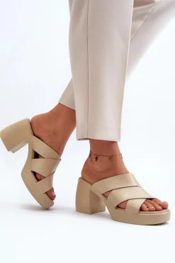 Zazoo 40373 Skórzane Klapki Na Klocku Beżowe