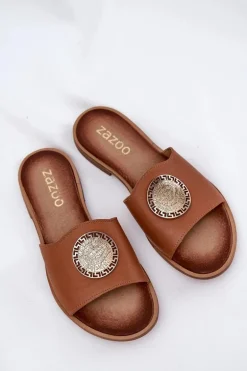Zazoo 2938 Skórzane Klapki Na Płaskim Obcasie Z Ozdobą Camel
