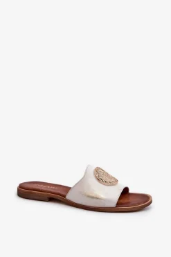 Zazoo 2938 Skórzane Klapki Na Płaskim Obcasie Z Ozdobą Złote Przecierane