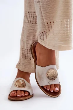 Zazoo 2938 Skórzane Klapki Na Płaskim Obcasie Z Ozdobą Złote Przecierane