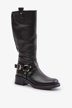 Zazoo 70141 Skórzane Kozaki Damskie Przed Kolano Czarne