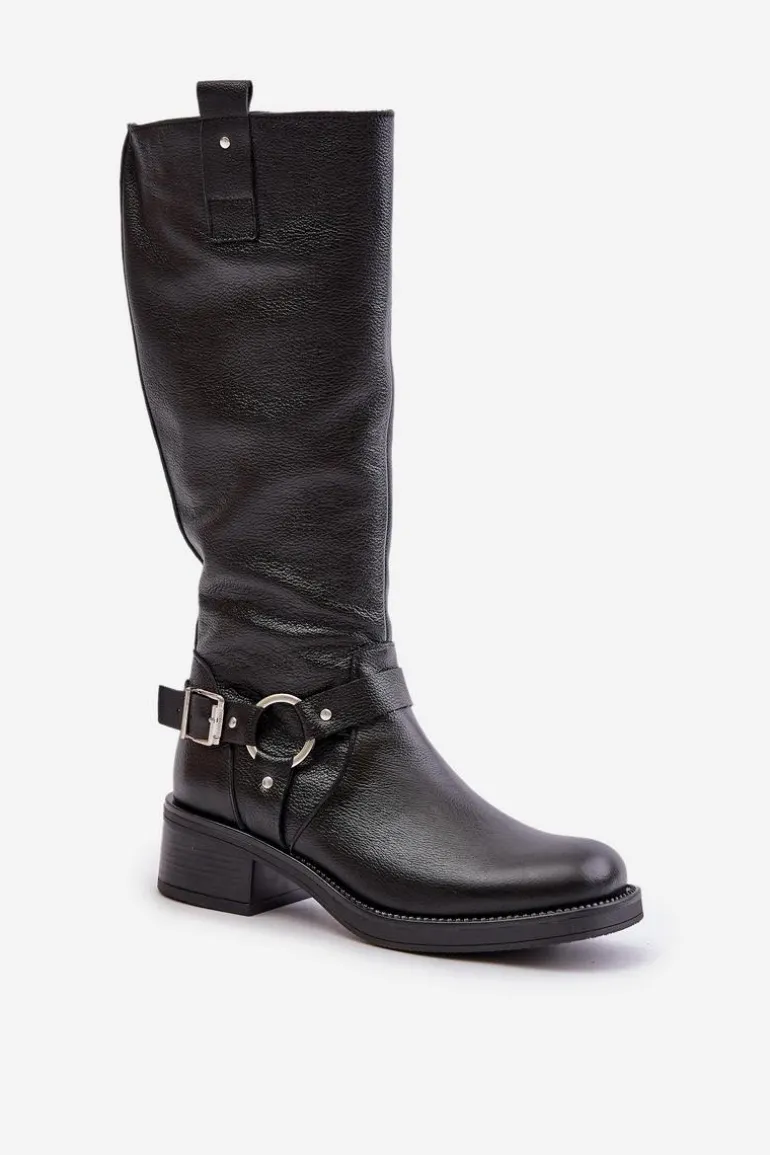 Zazoo 70141 Skórzane Kozaki Damskie Przed Kolano Czarne