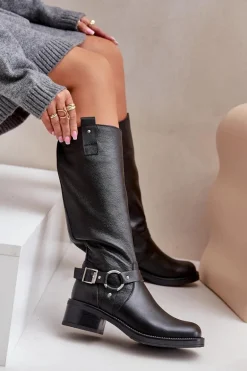 Zazoo 70141 Skórzane Kozaki Damskie Przed Kolano Czarne