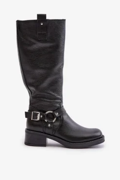 Zazoo 70141 Skórzane Kozaki Damskie Przed Kolano Czarne