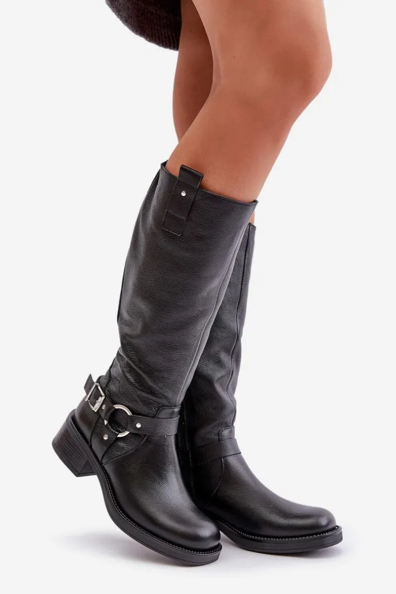 Zazoo 70141 Skórzane Kozaki Damskie Przed Kolano Czarne