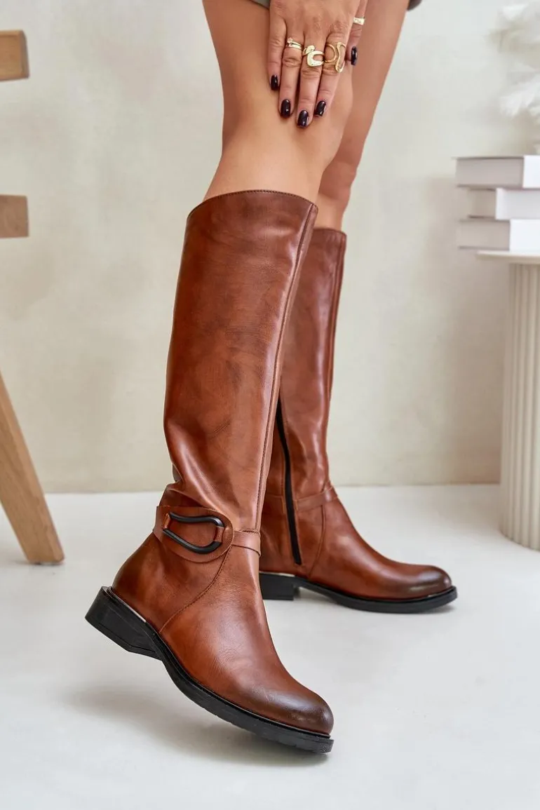 Zazoo 70140 Skórzane Kozaki Damskie Przed Kolano Ocieplane Brązowe