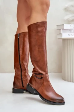 Zazoo 70140 Skórzane Kozaki Damskie Przed Kolano Ocieplane Brązowe