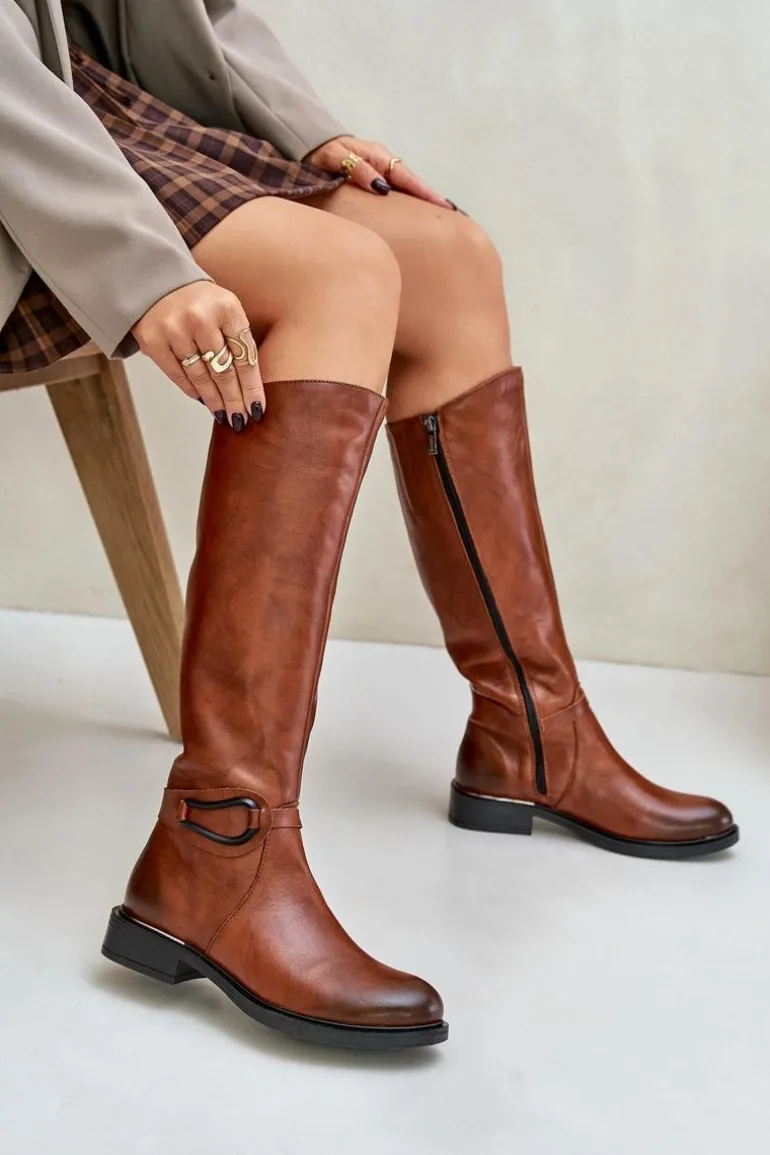 Zazoo 70140 Skórzane Kozaki Damskie Przed Kolano Ocieplane Brązowe