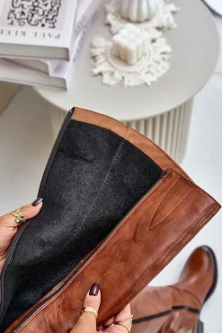 Zazoo 70140 Skórzane Kozaki Damskie Przed Kolano Ocieplane Brązowe