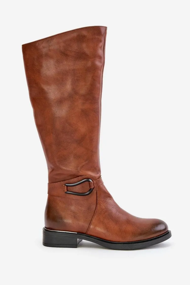 Zazoo 70140 Skórzane Kozaki Damskie Przed Kolano Ocieplane Brązowe