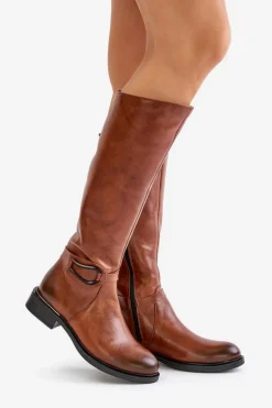 Zazoo 70140 Skórzane Kozaki Damskie Przed Kolano Ocieplane Brązowe