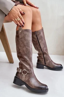 Zazoo 70141 Skórzane Kozaki Damskie Przed Kolano Brązowe