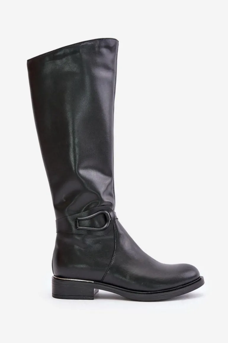 Zazoo 70140 Skórzane Kozaki Damskie Przed Kolano Ocieplane Czarne