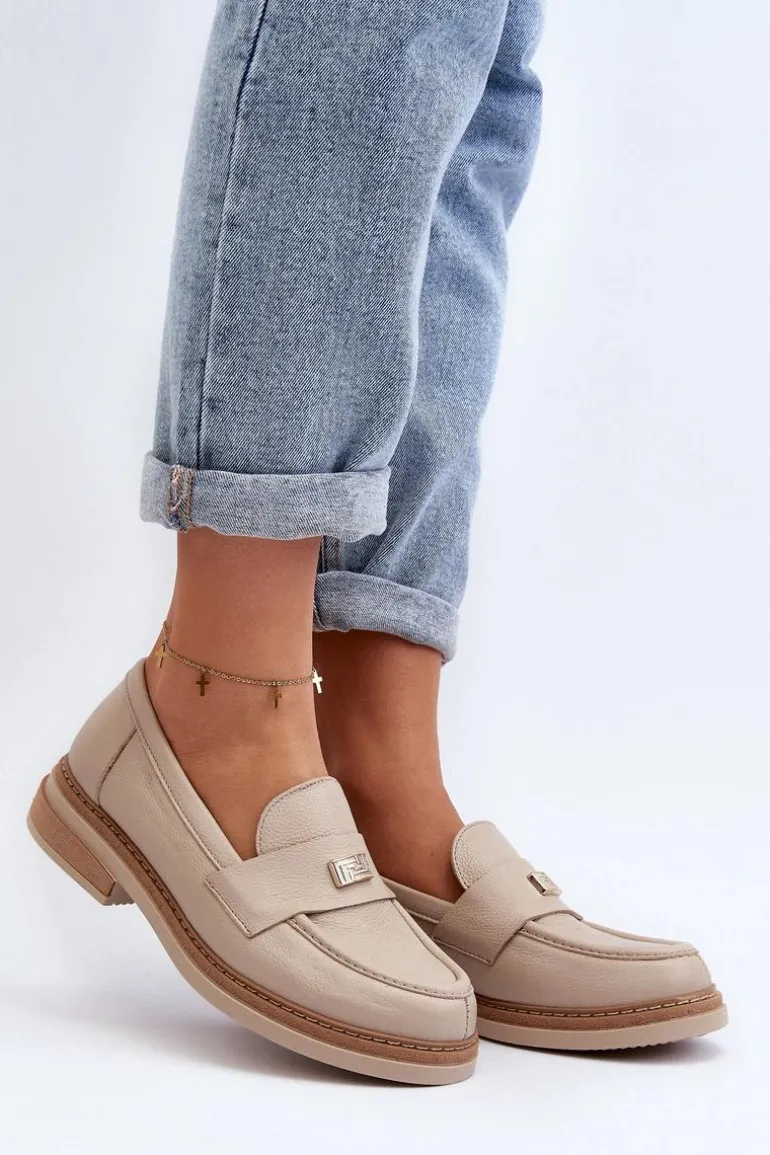 Zazoo 20165 Skórzane Mokasyny Damskie Beżowe