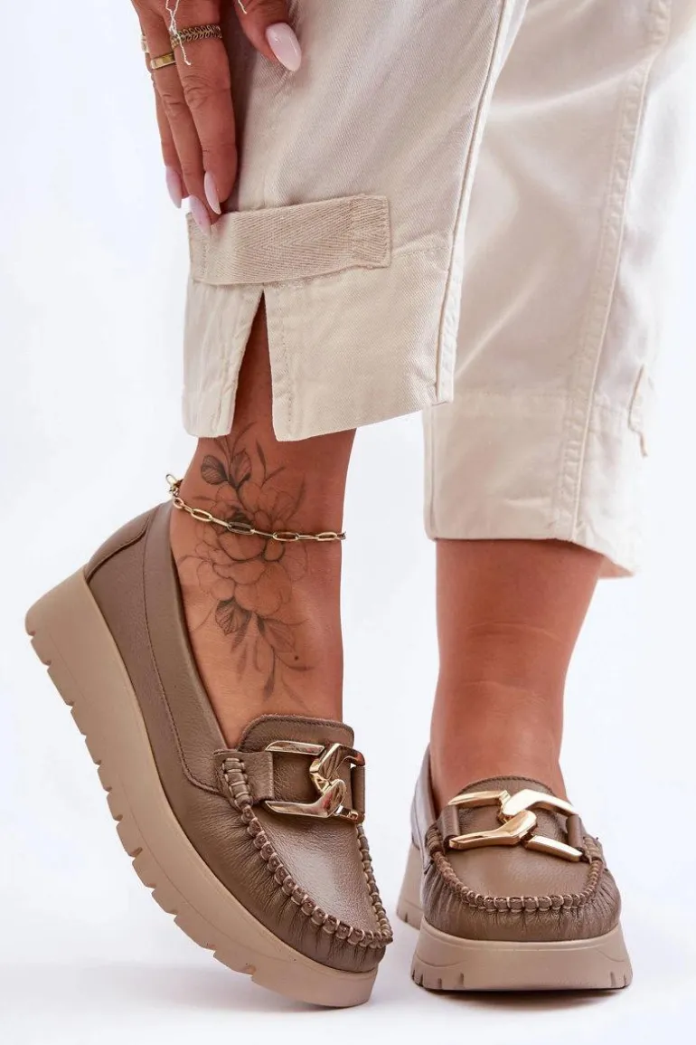 Zazoo 10141 Skórzane Mokasyny Na Platformie Z Ozdobą Ciemnobeżowe