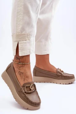 Zazoo 10141 Skórzane Mokasyny Na Platformie Z Ozdobą Ciemnobeżowe