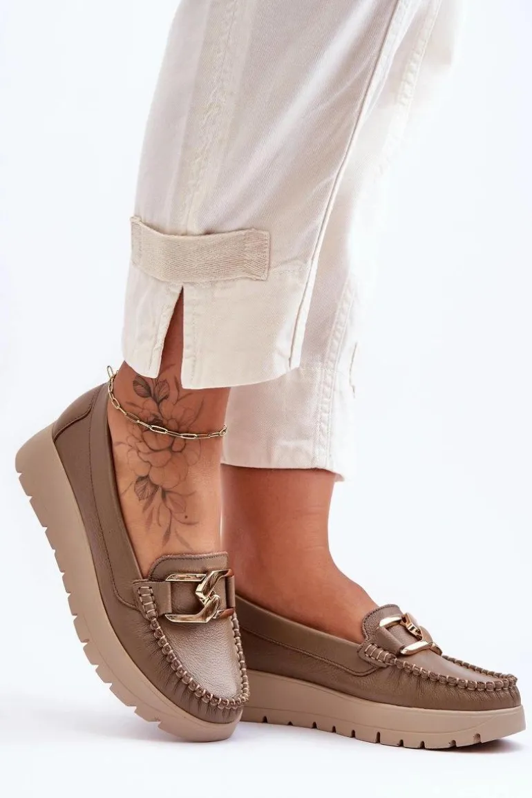 Zazoo 10141 Skórzane Mokasyny Na Platformie Z Ozdobą Ciemnobeżowe