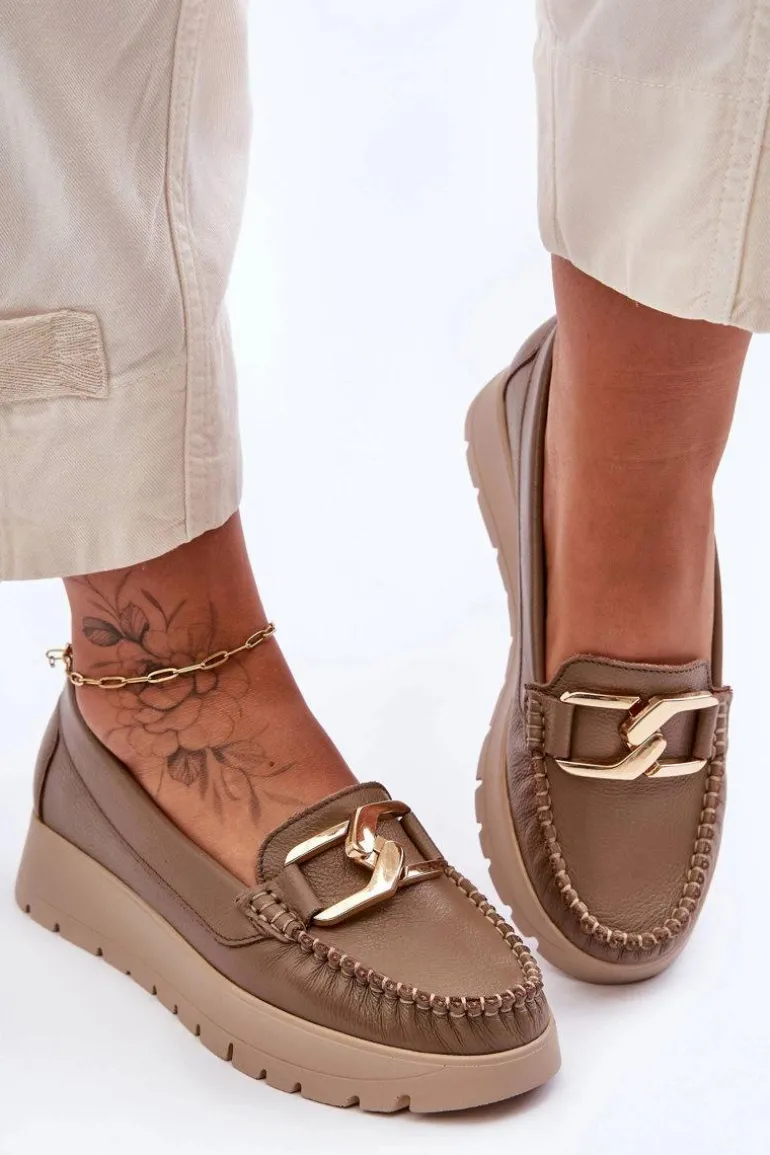 Zazoo 10141 Skórzane Mokasyny Na Platformie Z Ozdobą Ciemnobeżowe