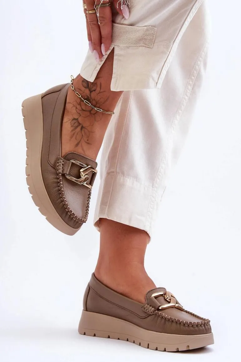 Zazoo 10141 Skórzane Mokasyny Na Platformie Z Ozdobą Ciemnobeżowe