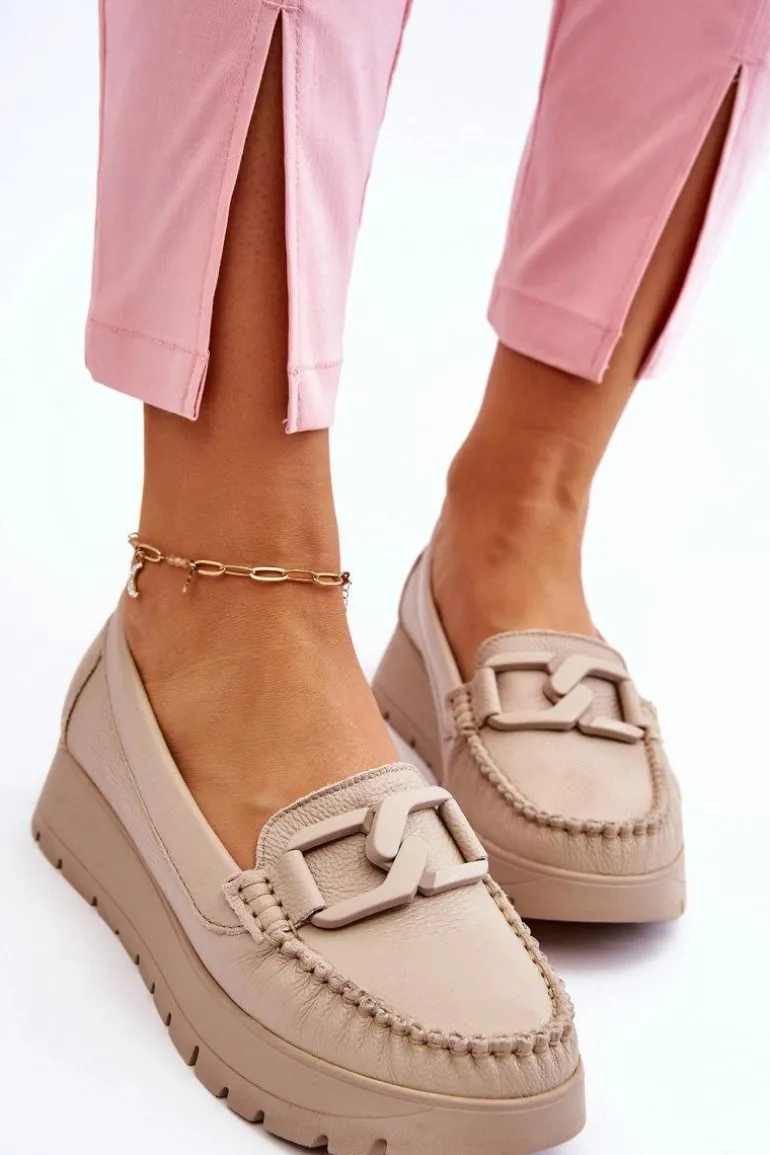 Zazoo 10141 Skórzane Mokasyny Na Platformie Z Ozdobą Beżowe