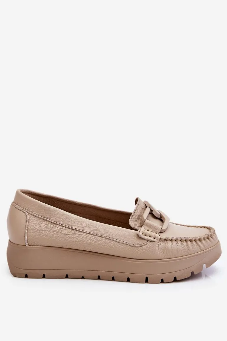 Zazoo 10141 Skórzane Mokasyny Na Platformie Z Ozdobą Beżowe