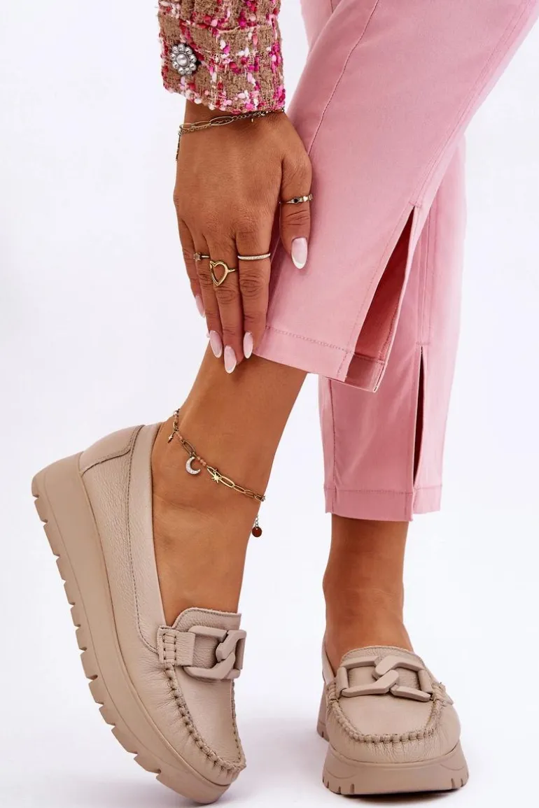 Zazoo 10141 Skórzane Mokasyny Na Platformie Z Ozdobą Beżowe