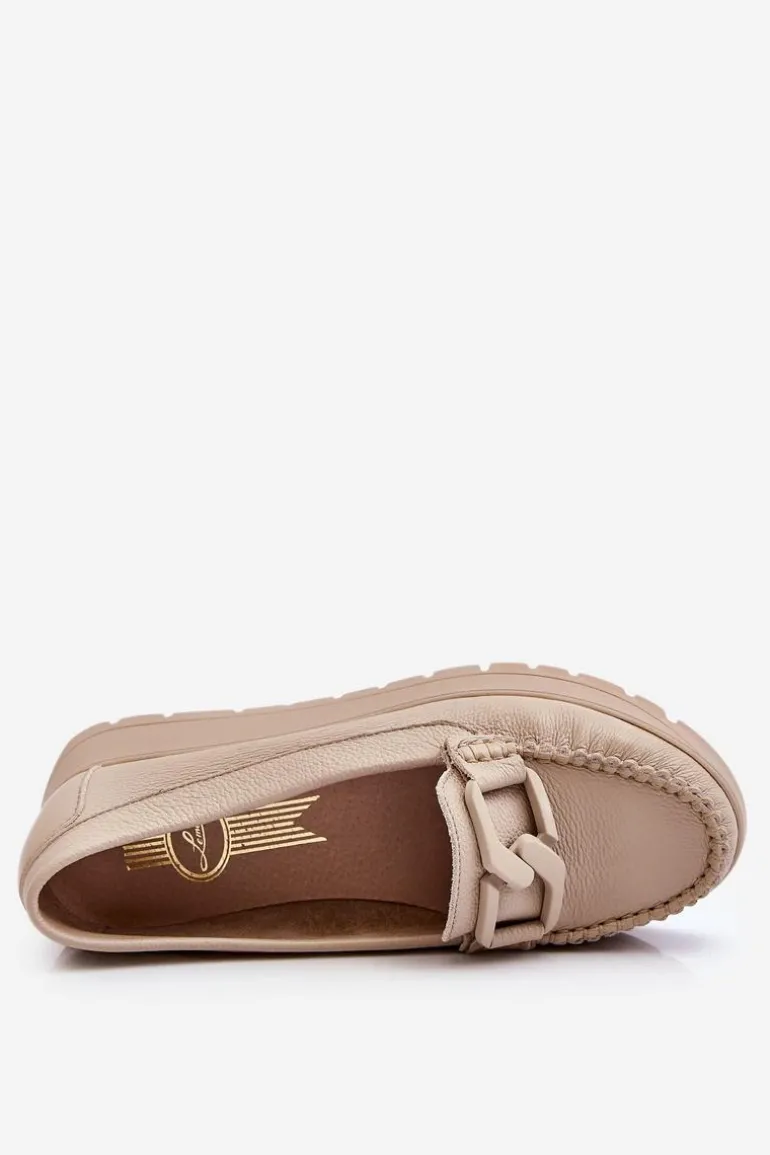 Zazoo 10141 Skórzane Mokasyny Na Platformie Z Ozdobą Beżowe