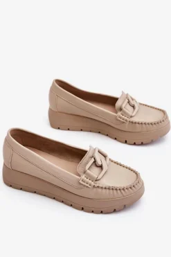Zazoo 10141 Skórzane Mokasyny Na Platformie Z Ozdobą Beżowe