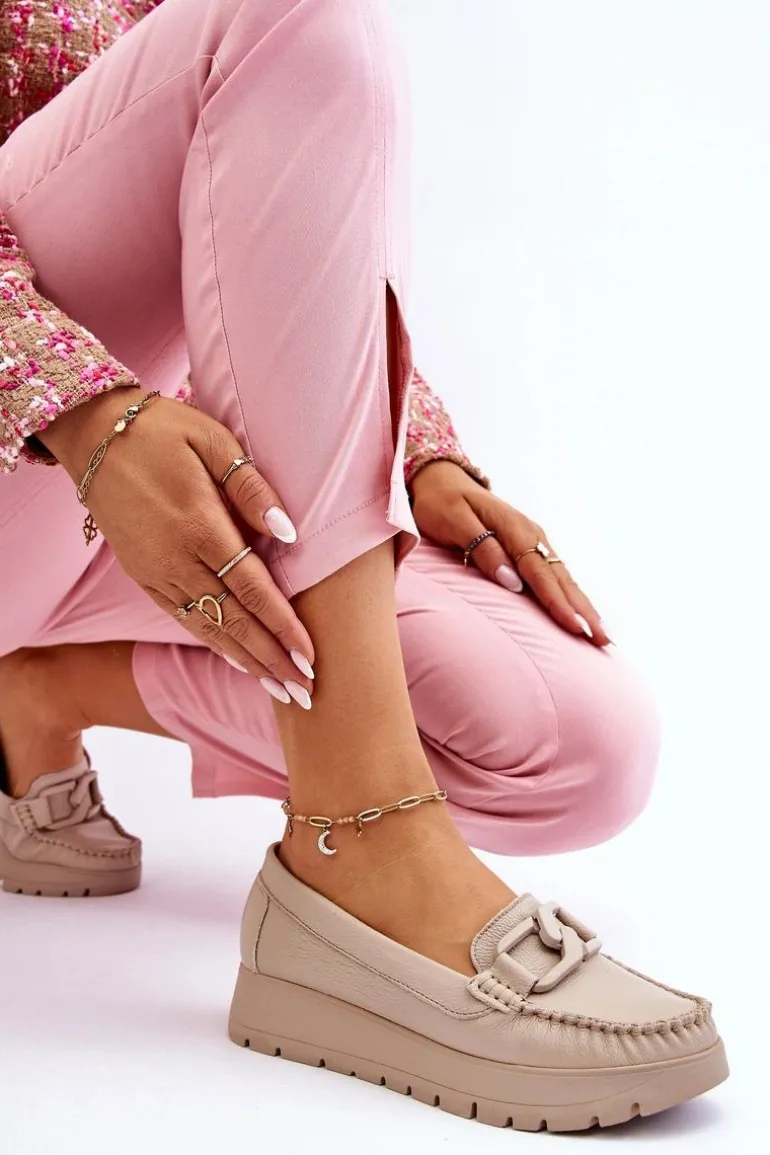 Zazoo 10141 Skórzane Mokasyny Na Platformie Z Ozdobą Beżowe