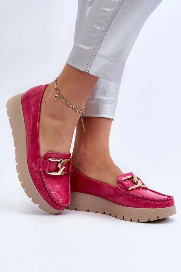 Zazoo 10141 Skórzane Mokasyny Na Platformie Z Ozdobą Fuksja