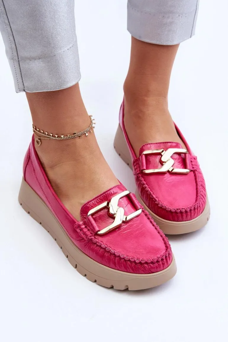 Zazoo 10141 Skórzane Mokasyny Na Platformie Z Ozdobą Fuksja